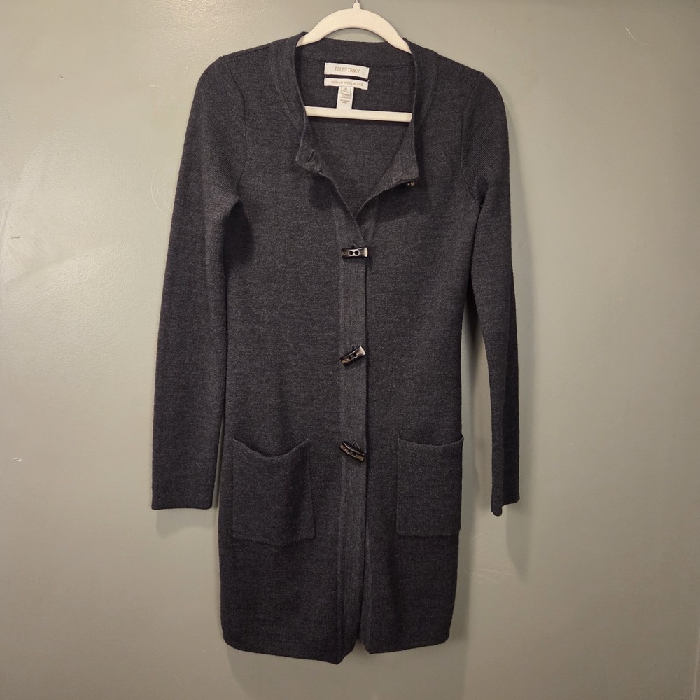 Ellen Tracy Merino Wool Blend Cardigan Longline Toggle Buttons, Women's Size M